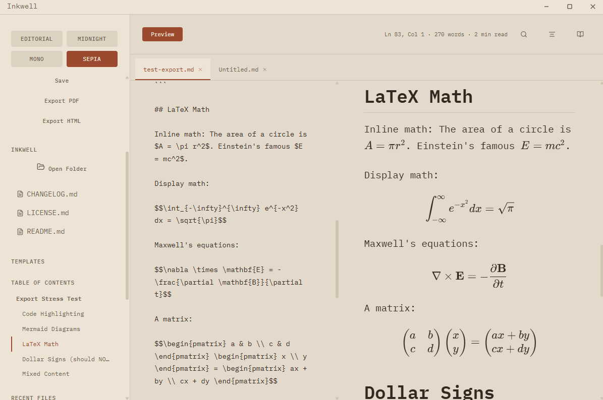 Inkwell markdown editor in Sepia warm-tone theme with LaTeX math and workspace file tree